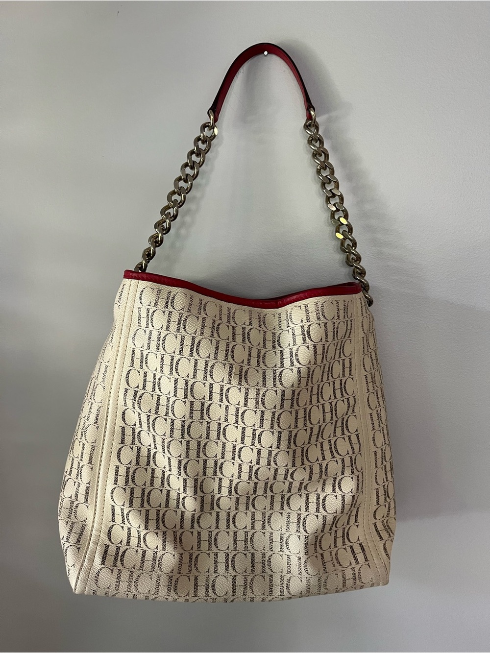 Carolina Herrera Cream Canvas CH Logo Shoulder Bag with Red Trim